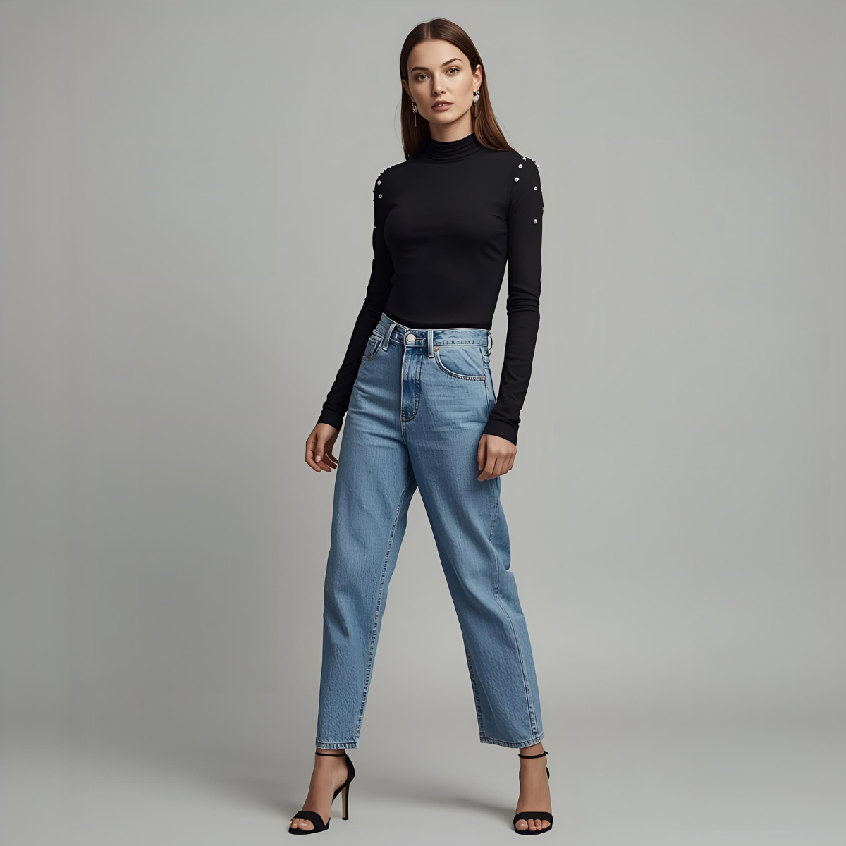 NOIRELLE | Eleganter schwarzer Rollkragenpullover mit langen Ärmeln und Perlenverzierungen