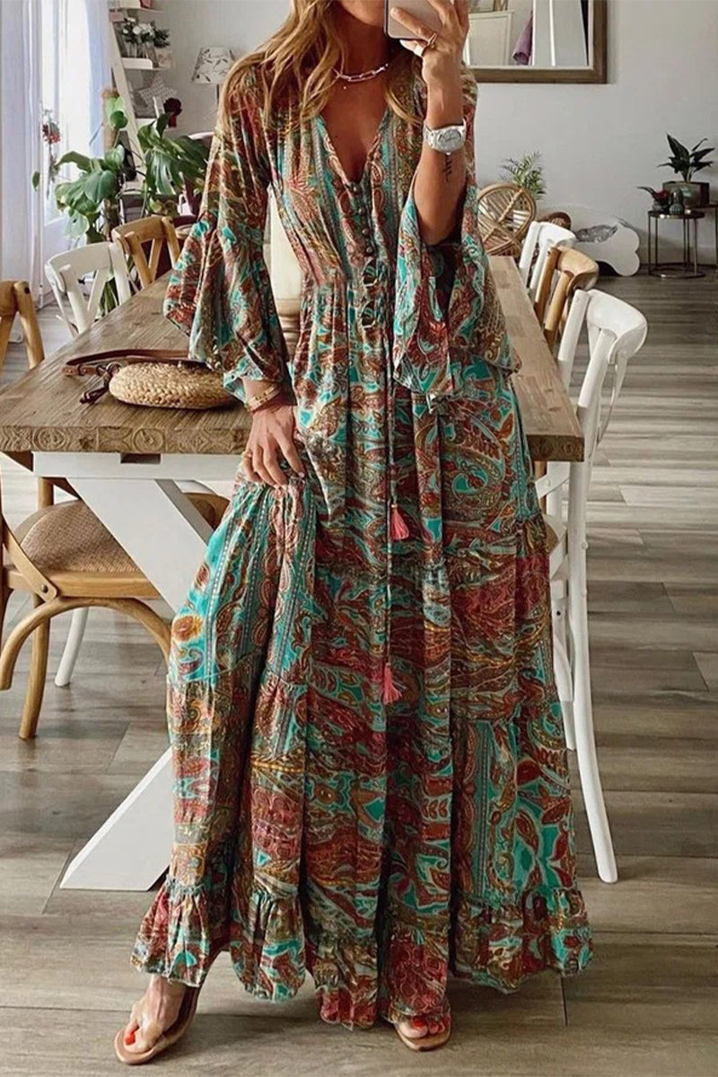 Boho V-Ausschnitt Kleid mit Ausgestellten Trompetenärmeln
