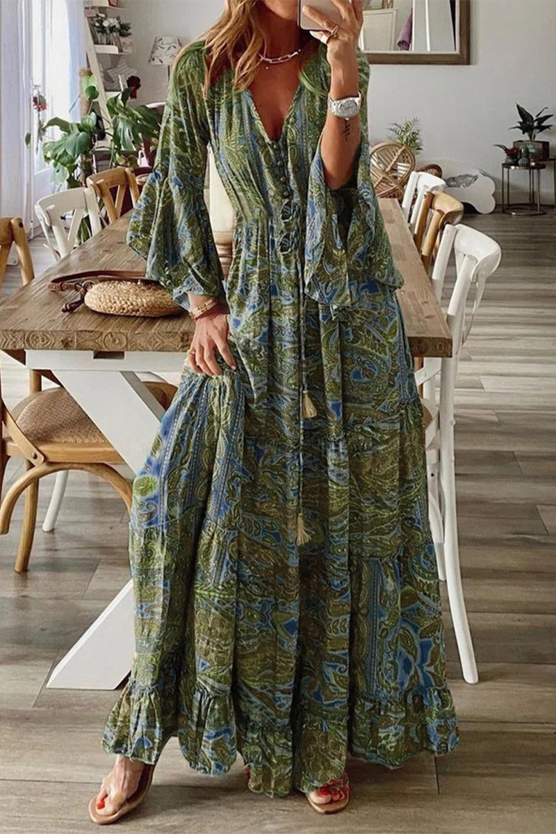 Boho V-Ausschnitt Kleid mit Ausgestellten Trompetenärmeln