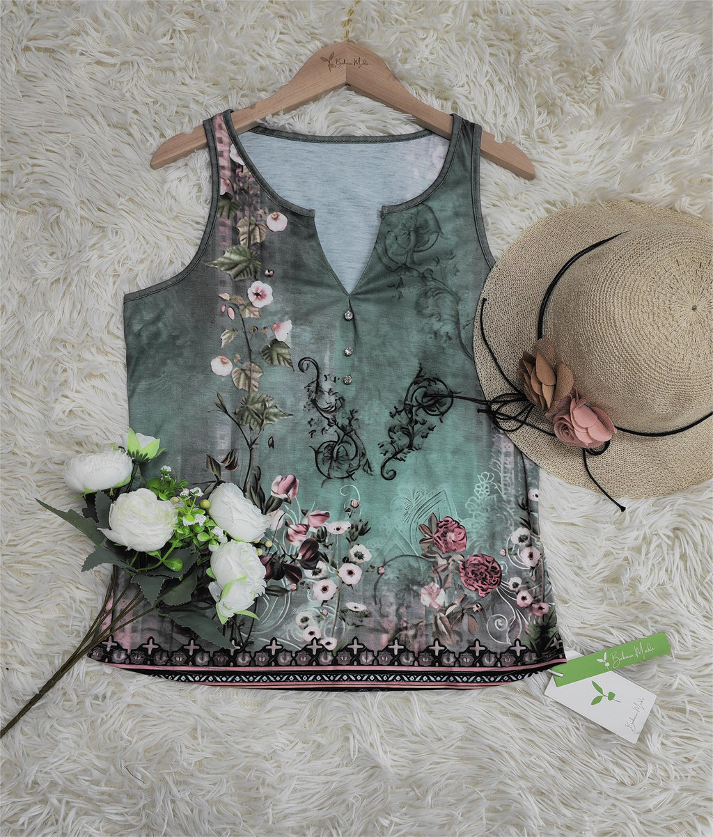 Ärmellose Bluse mit Aquarell-Blumenmuster