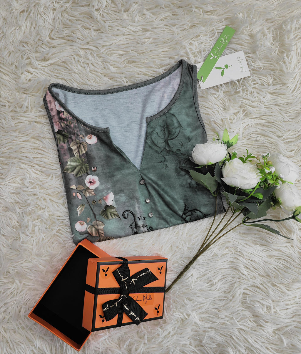 Ärmellose Bluse mit Aquarell-Blumenmuster