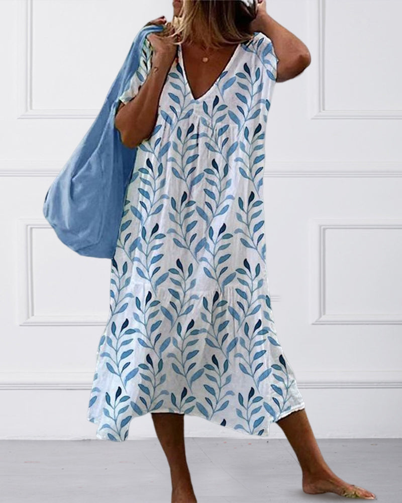 Schwingendes Midi-Kleid mit Blattmuster