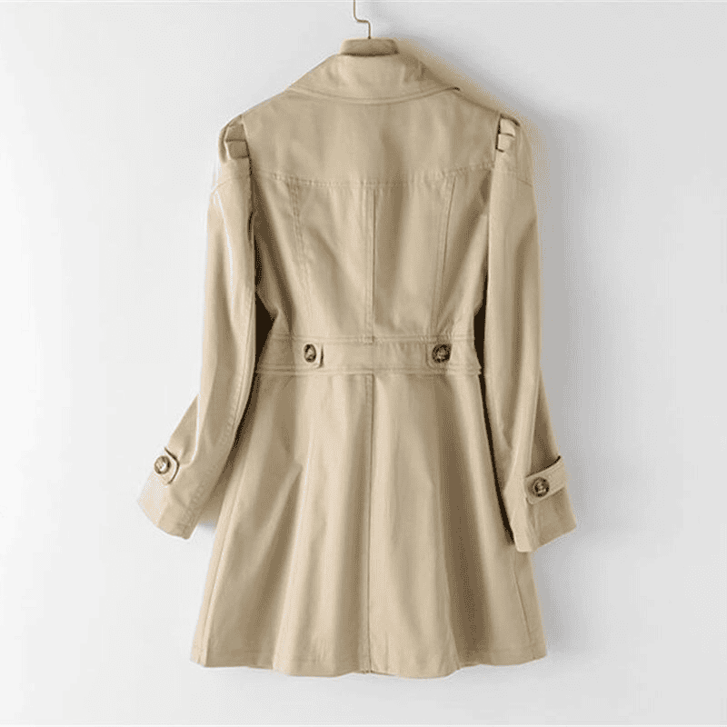 "Damen Trenchcoat mit Schulterpolstern und Ein-Knopf-Verschluss" könnte umformuliert werden als: "Damen Trenchcoat mit Schulterpolstern und einem eleganten Ein-Knopf-Verschluss".