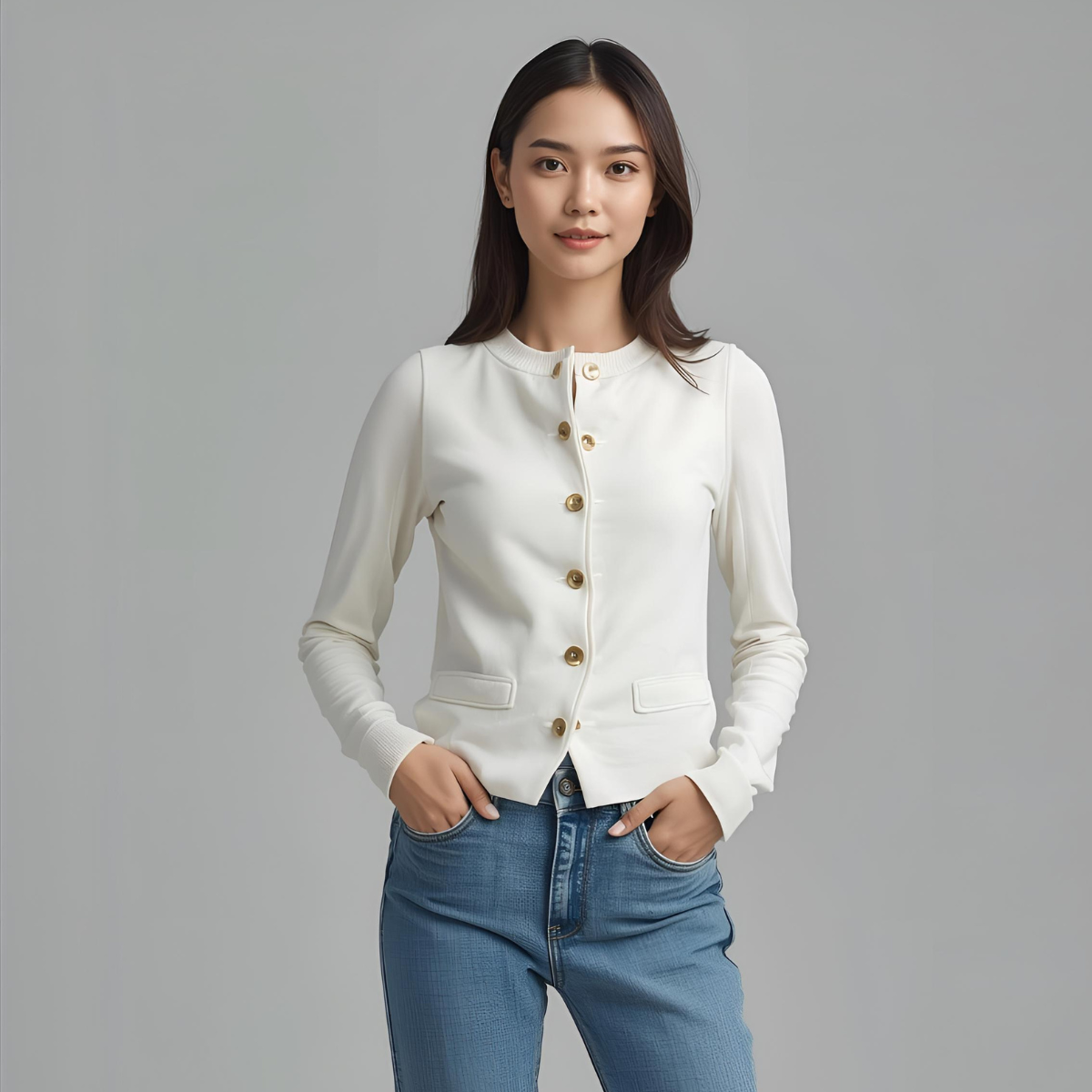 BIANCAEL | Elegante weiße Freizeitweste mit goldenen Knopfdetails