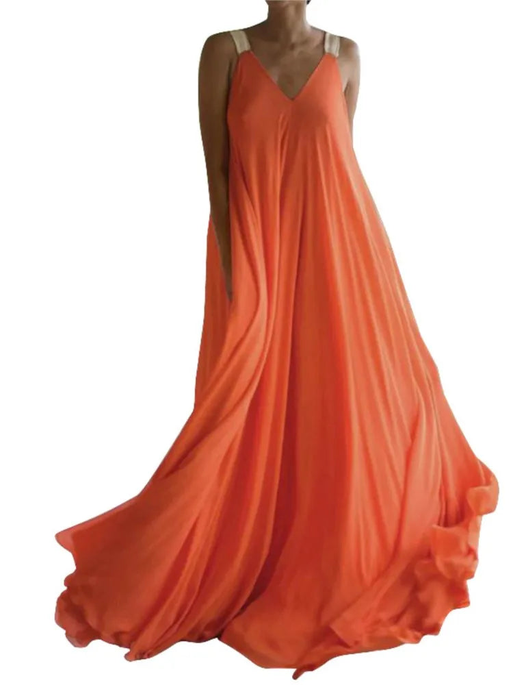 Chloë - Damen V-Ausschnitt Maxikleid ohne Ärmel im Boho-Stil, Einfarbig und Lässig für den Sommer