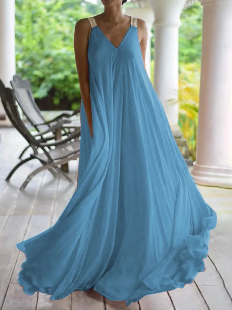 Chloë - Damen V-Ausschnitt Maxikleid ohne Ärmel im Boho-Stil, Einfarbig und Lässig für den Sommer