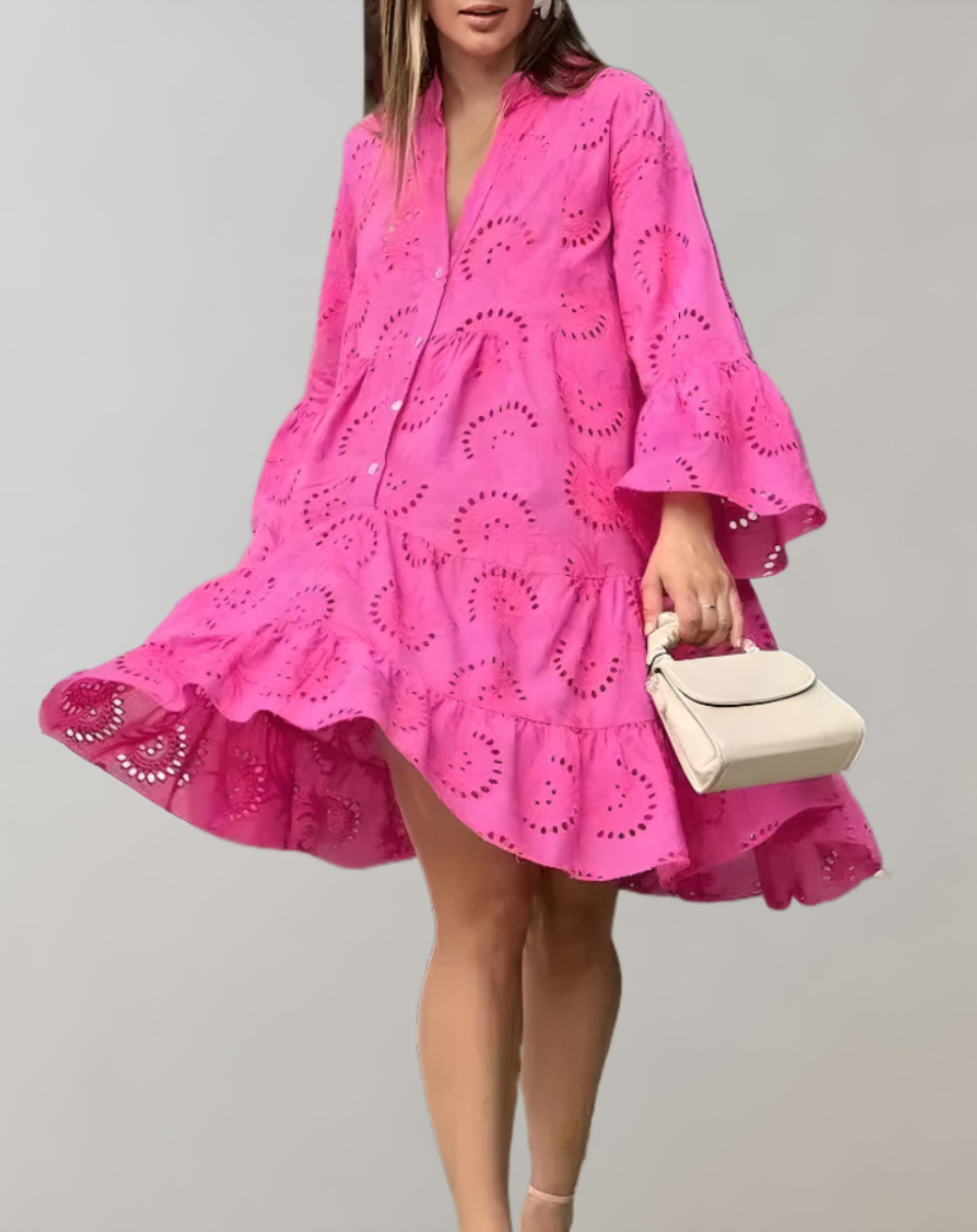 Elegantes V-Ausschnitt Kleid mit bestickten Glockenärmeln für lässigen Komfort