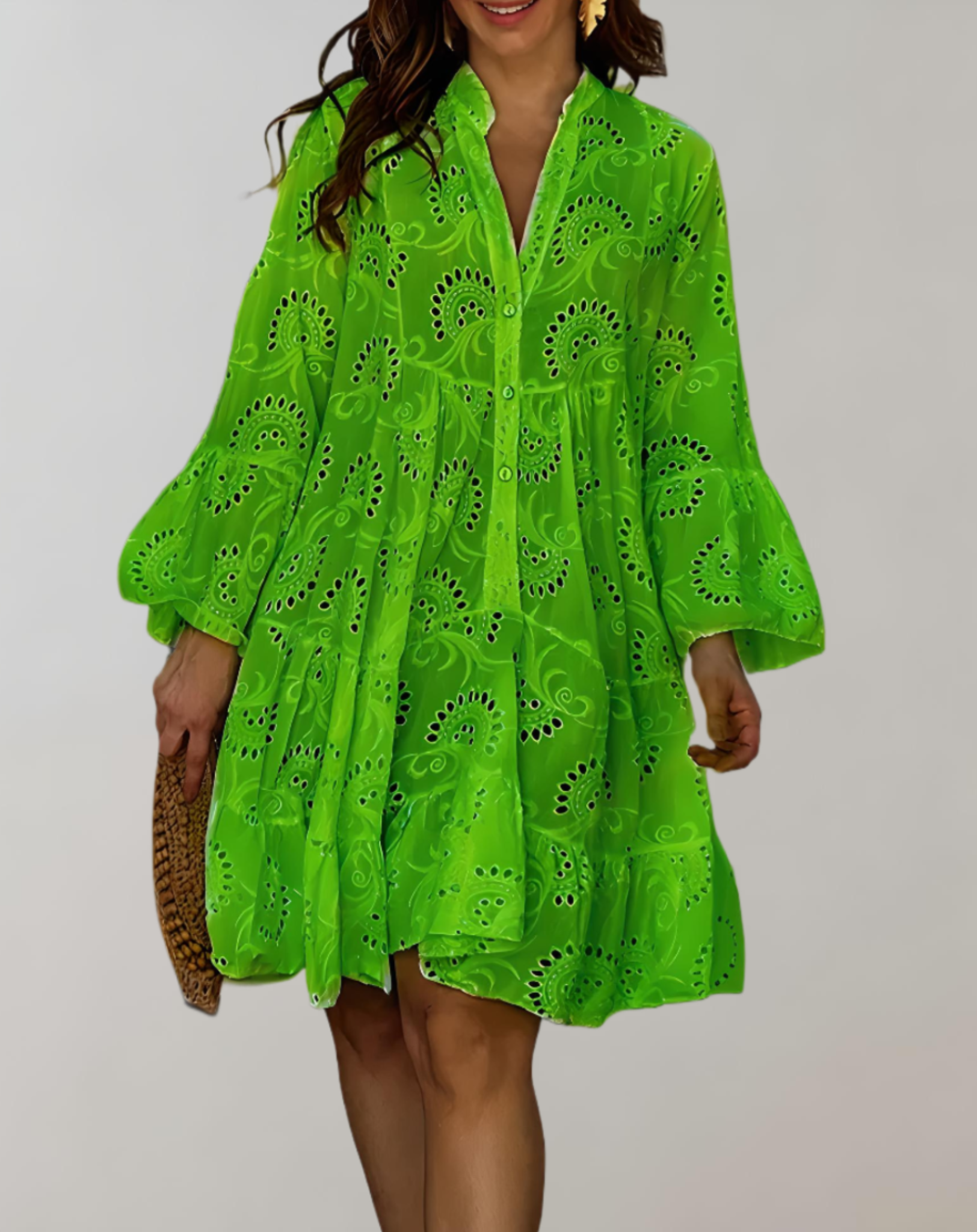 Elegantes V-Ausschnitt Kleid mit bestickten Glockenärmeln für lässigen Komfort