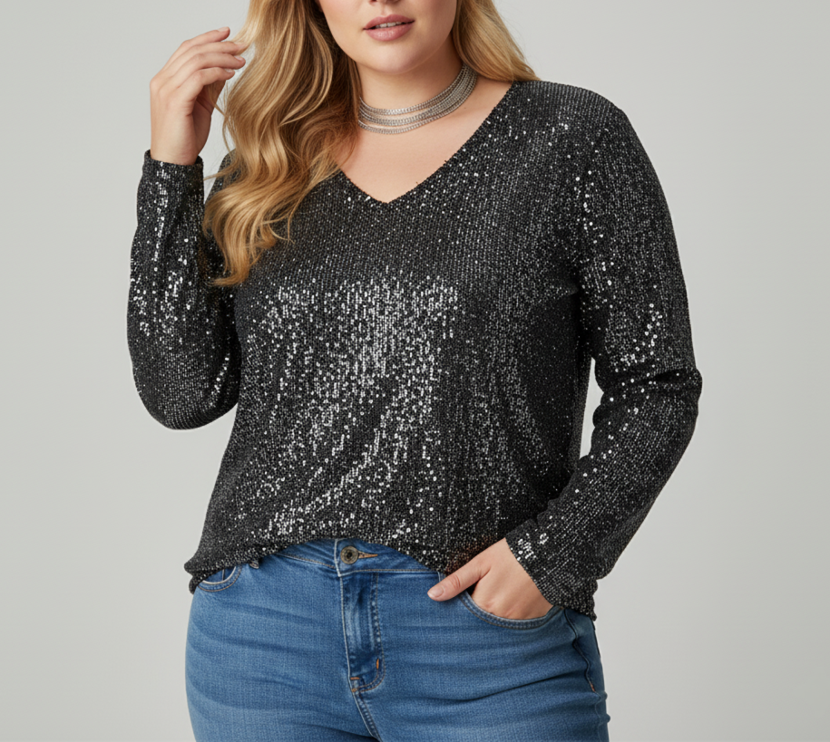 Elegante V-Ausschnitt Glitzerbluse für Damen – Jetzt auch in großen Größen verfügbar
