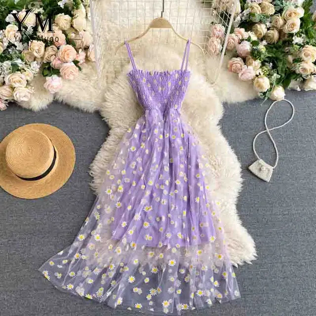 Blumen-Gänseblümchen Sommerkleid für Damen mit Spaghetti-Trägern