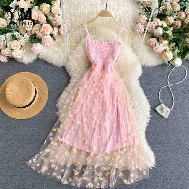 Blumen-Gänseblümchen Sommerkleid für Damen mit Spaghetti-Trägern