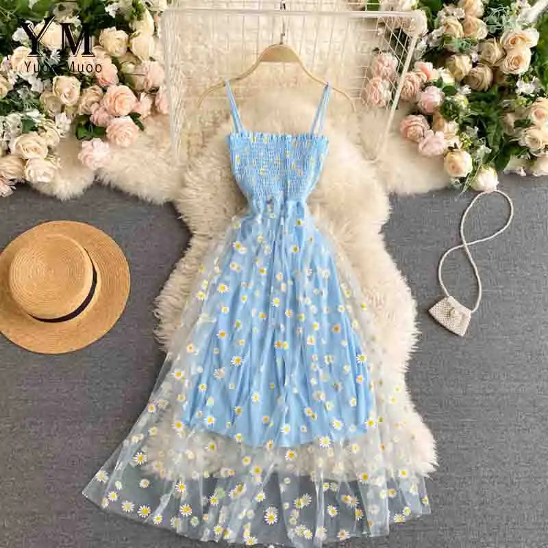 Blumen-Gänseblümchen Sommerkleid für Damen mit Spaghetti-Trägern