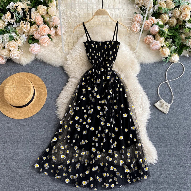 Blumen-Gänseblümchen Sommerkleid für Damen mit Spaghetti-Trägern