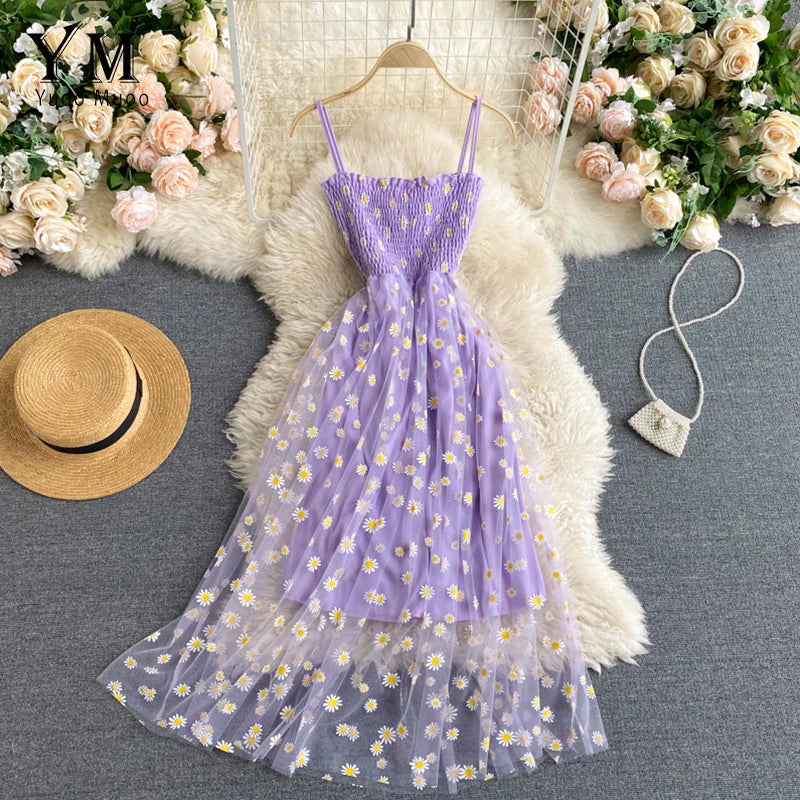 Blumen-Gänseblümchen Sommerkleid für Damen mit Spaghetti-Trägern